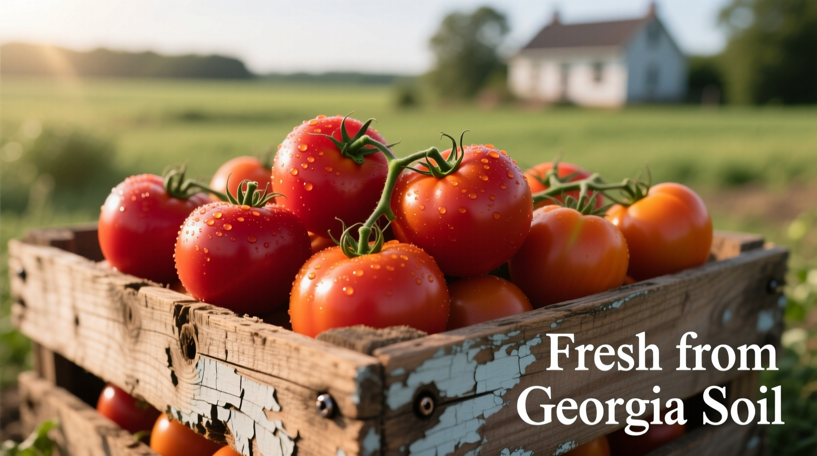 Fresh Georgia tomatoes in wooden farm crate