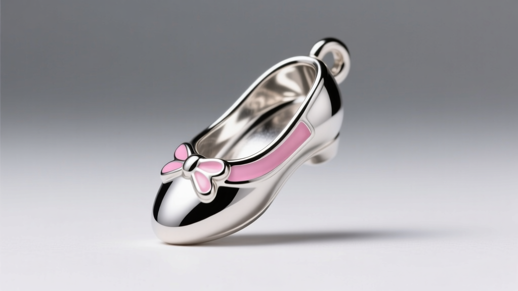 Macro photo of a silver ballet slipper charm with pink enamel, showing a smooth glass-like texture under bright studio lighting.