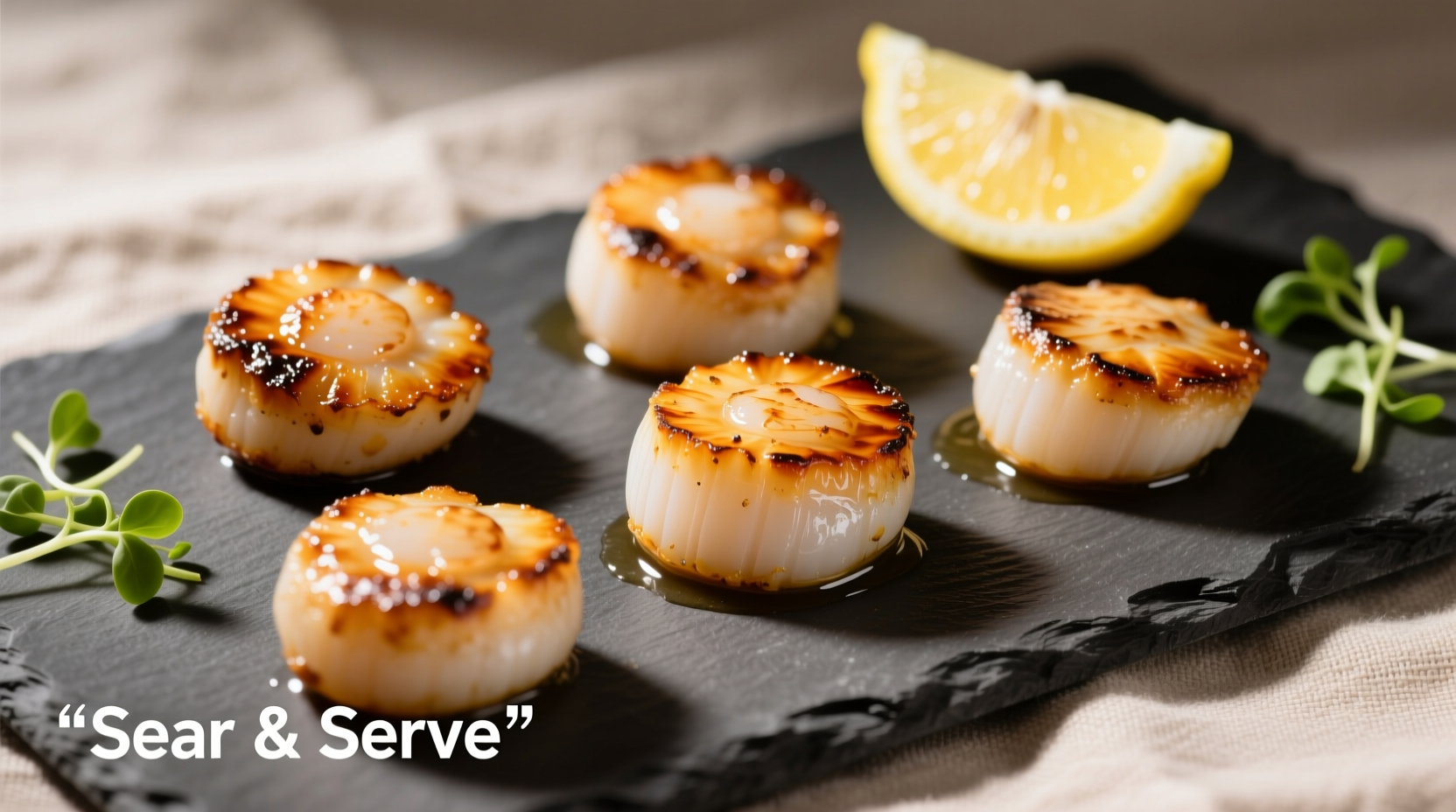 Perfectly seared oven-baked scallops with lemon garnish