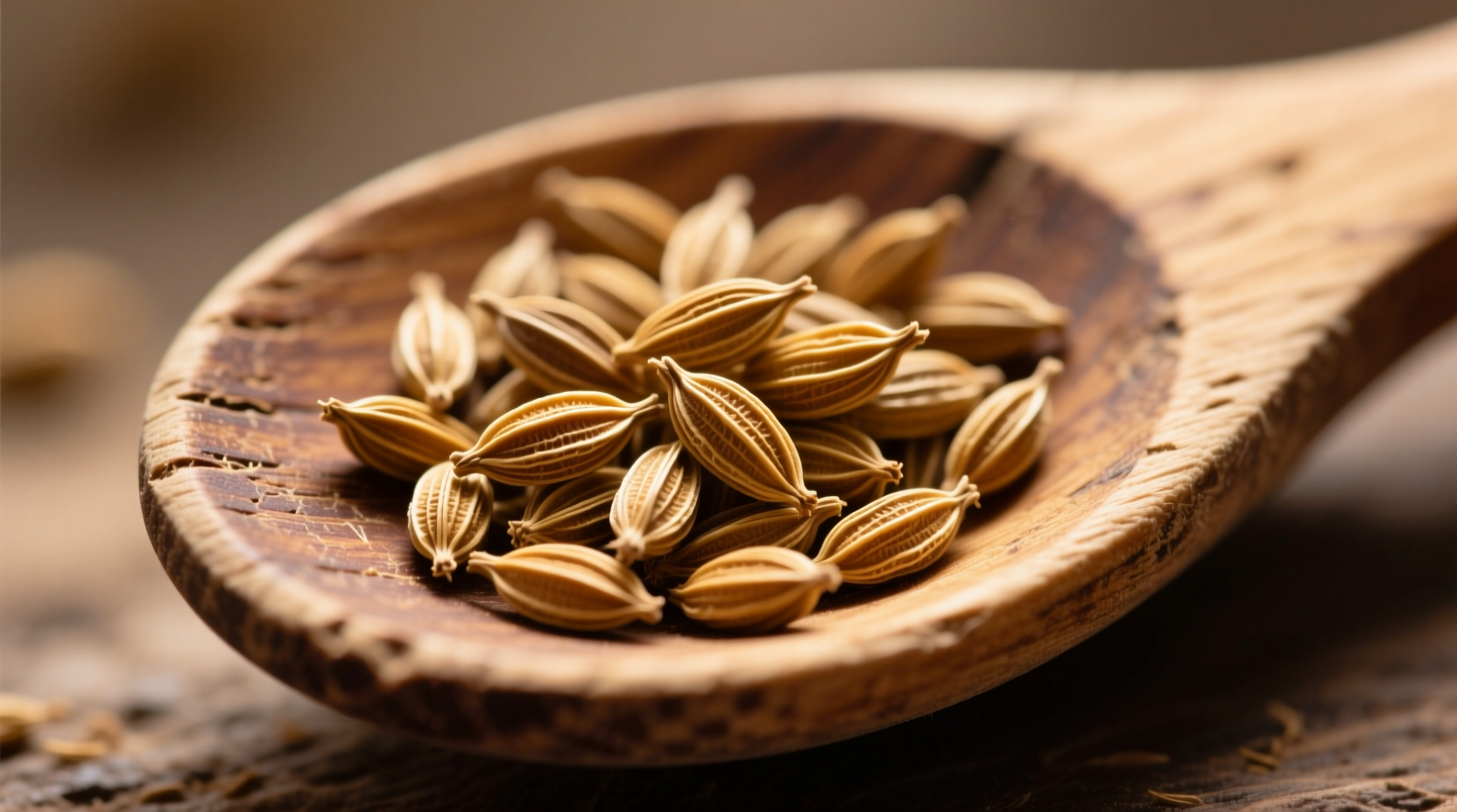 Close-up of cumin seeds on wooden spoon