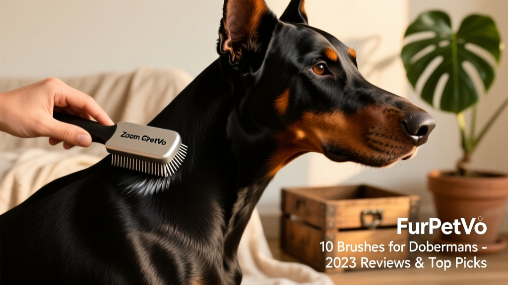 Close-up of hands using a FurPetVo Zoom Groom on a Doberman's shoulder