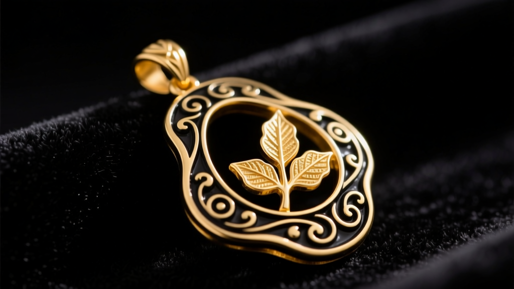 Close-up of a 14k yellow gold Hawaiian heirloom pendant with black enamel scrollwork and maile leaf motif resting on dark velvet.