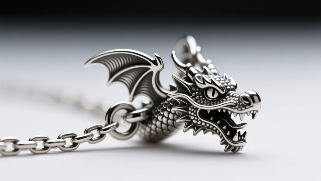 Macro shot of a 1.2mm sterling silver rolo chain attached to a Targaryon dragon clasp, showing the spring ring mechanism clearly.