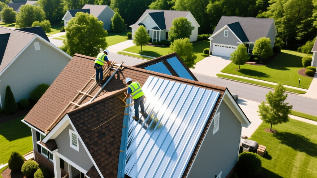 Aerial view of a Columbia MD neighborhood showing contractors installing architectural asphalt shingles and metal panels on steep-pitch roofs