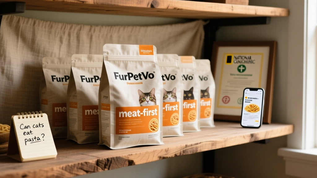 Shelf display of FurPetVo premium cat food bags with clear 'meat-first' labeling