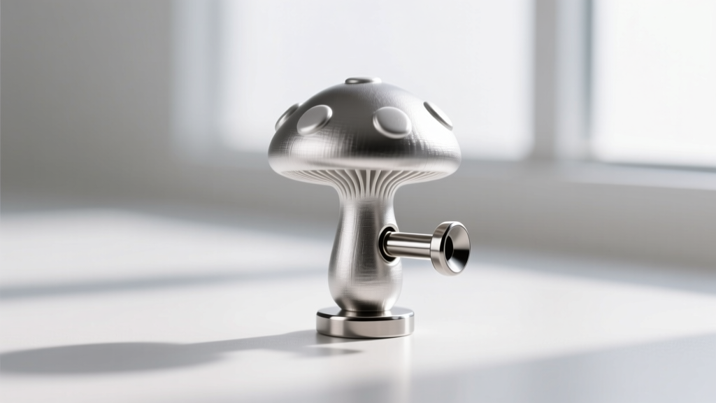 Technical photo of a 16-gauge titanium flat-back labret post attached to a 3D cast silver mushroom top for cartilage wear.