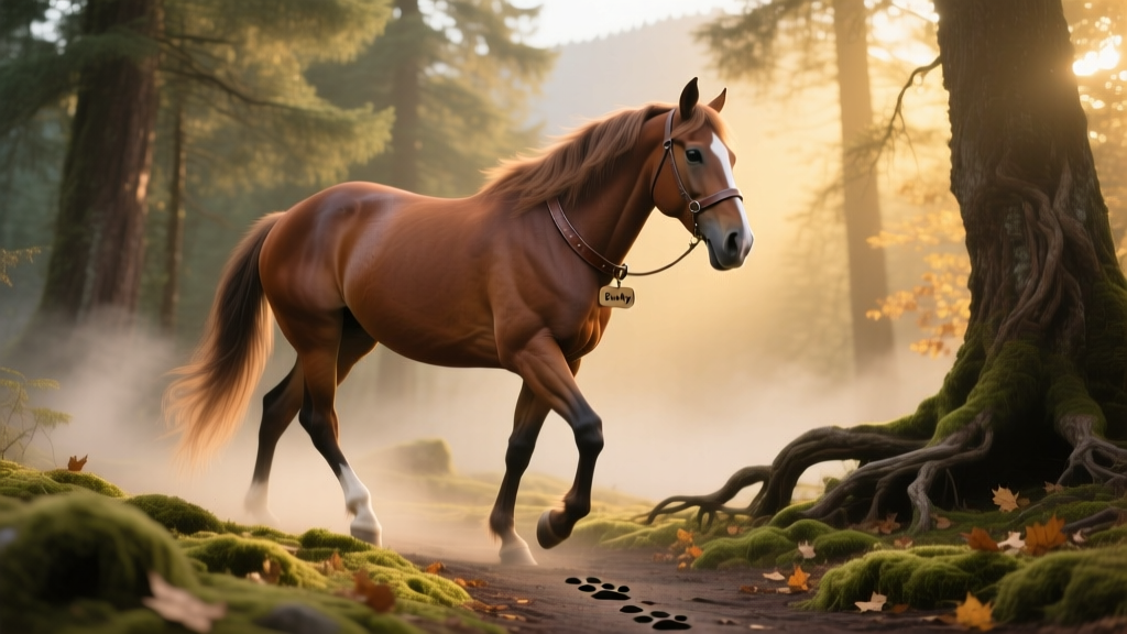 A Rocky Mountain Horse performing a relaxed, rhythmic single-foot gait on a forest trail