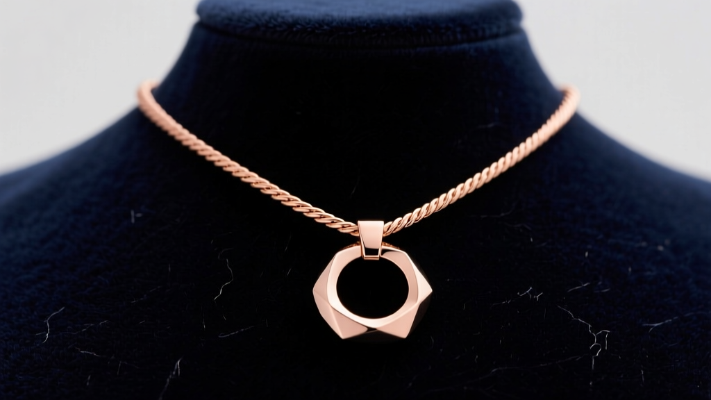 A titanium ring pendant on a delicate 14k rose gold cable chain, resting on a dark velvet bust under soft studio lighting