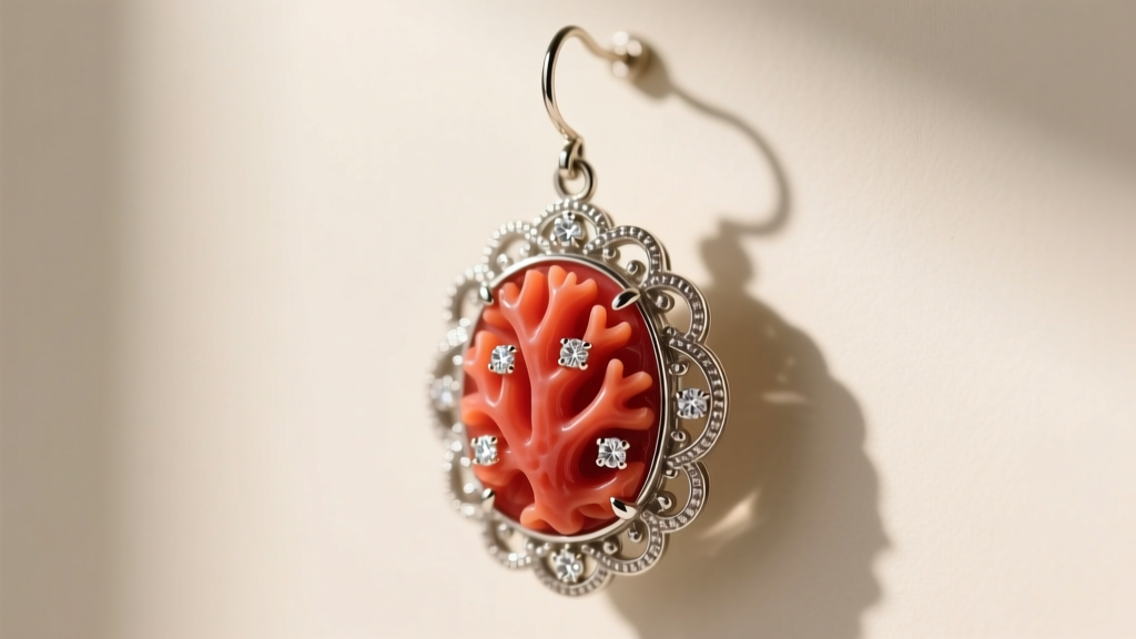 Macro photo of millegrain platinum filigree framing a vibrant carved coral plaque and diamond accents on a vintage drop earring