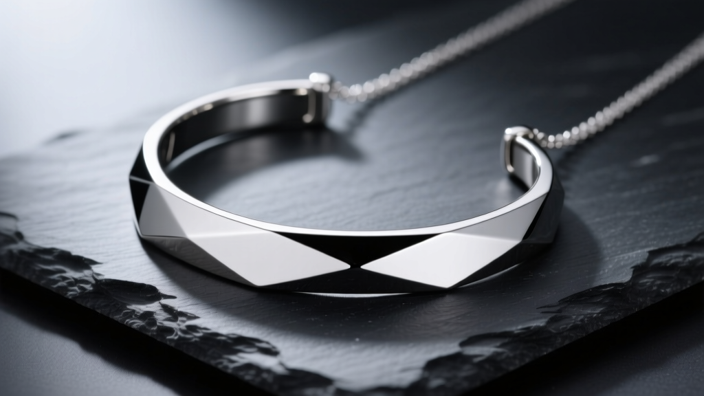 A sleek, polished 316L stainless steel metal collar necklace resting on dark slate, reflecting soft, diffused studio lighting.