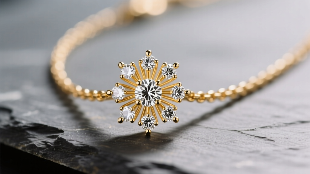 Close-up of a 14k gold daisy diamond necklace on slate, showing prong settings of small diamond petals under soft studio lighting