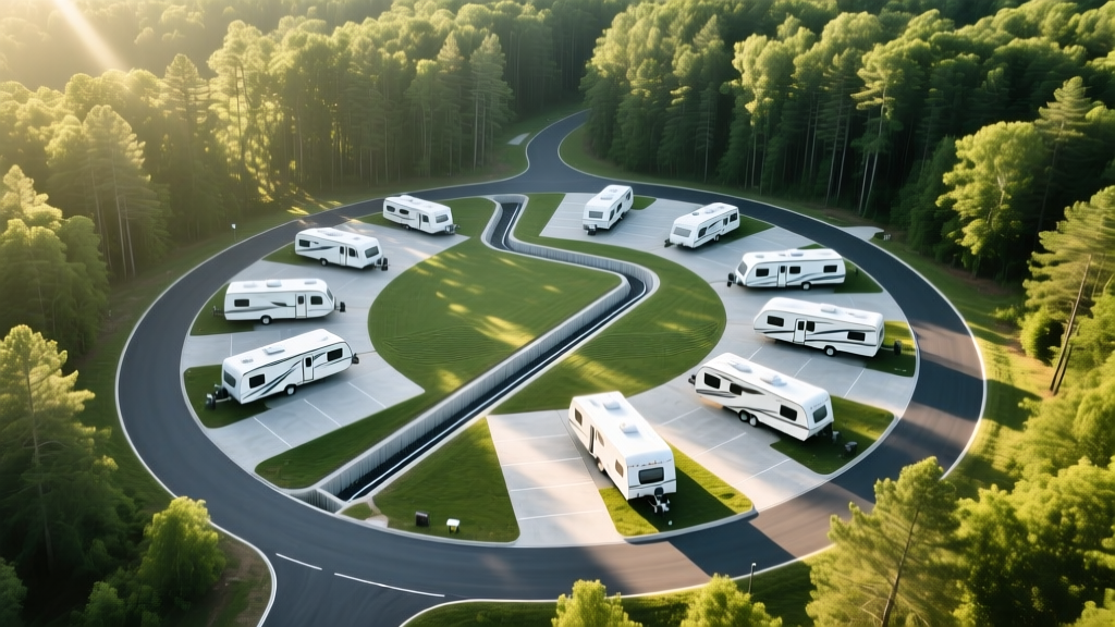 Aerial view of a newly graded RV park with concrete pads, buried utility trenches, and paved asphalt loop roads in a forest