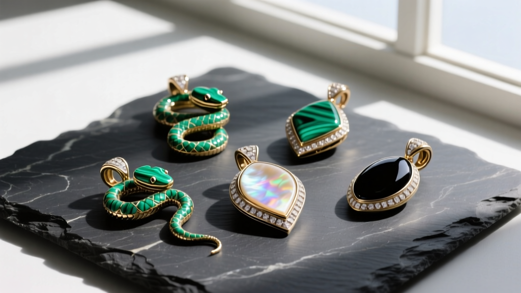 Top view of Bvlgari Serpenti Viper pendants with malachite, mother-of-pearl, and onyx inlays resting on a dark slate surface.
