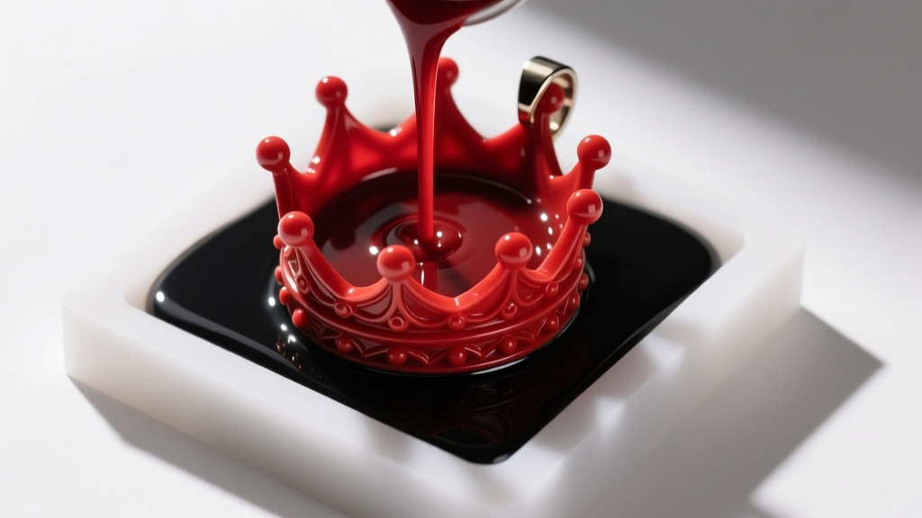 Top-down view of a silicone mold filled with opaque red and black epoxy resin to create a custom Cult of the Lamb Red Crown pendant.