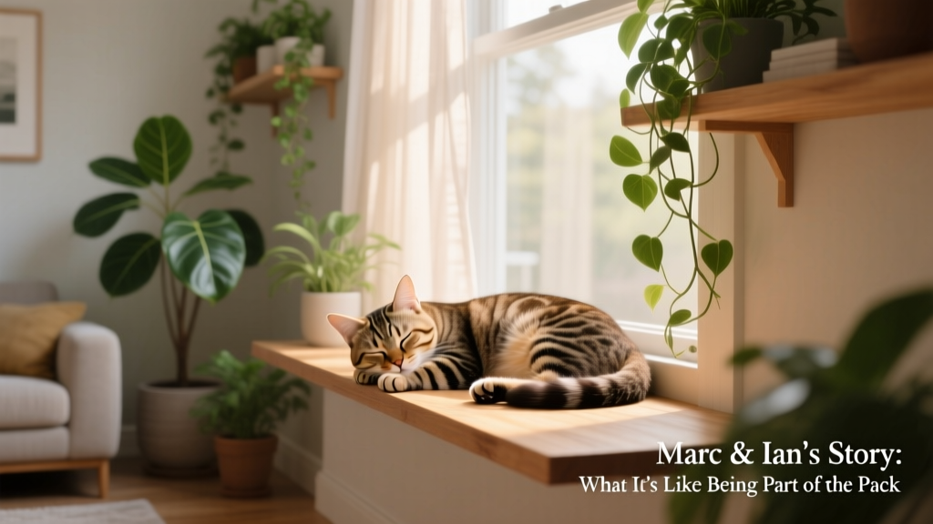 A relaxed tabby cat napping on a sunlit windowsill in a tidy, plant-filled living room