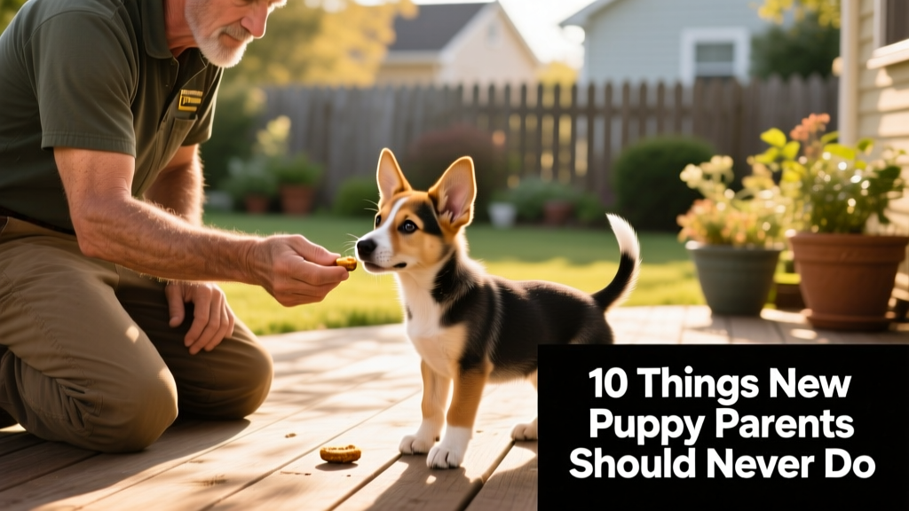 Trainer kneeling beside attentive puppy, offering a small treat during a calm training session