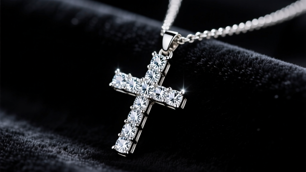 Iced out cross necklace pendant with VVS lab diamonds in prong settings resting on dark velvet under bright studio lighting
