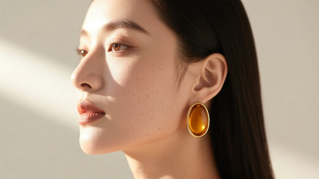 Side profile of a woman with an oval face wearing medium oval amber drop earrings, highlighting the jawline in bright natural light