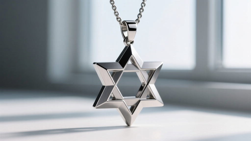 Macro photography of a 316L stainless steel merkaba pendant showing precise CAD-milled vertices and a brushed matte finish