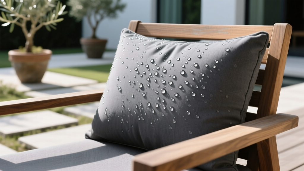 Close-up of water beading on a charcoal grey solution-dyed acrylic outdoor cushion fabric resting on a teak patio chair