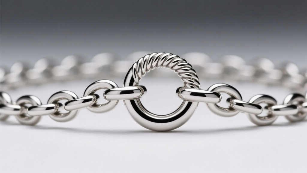 Macro shot of a sterling silver rolo chain and lobster clasp, highlighting the soldered jump ring in bright studio lighting.