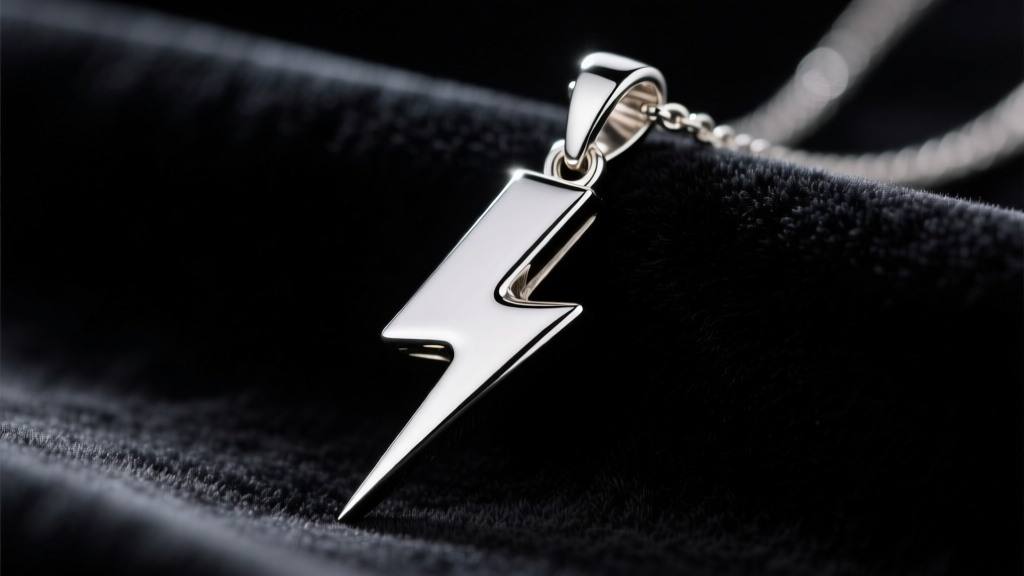 Close-up of a polished steel lightning bolt pendant resting on dark velvet, reflecting soft studio lighting with sharp, crisp edges.