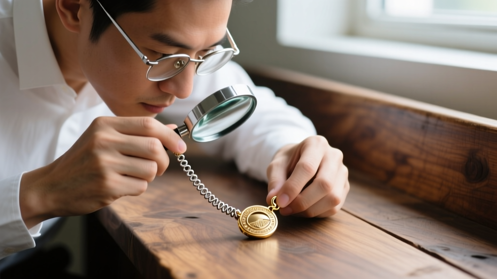 Jeweler inspecting a custom charm necklace under a loupe at a wooden bench, focusing on the spring ring clasp tension mechanism.
