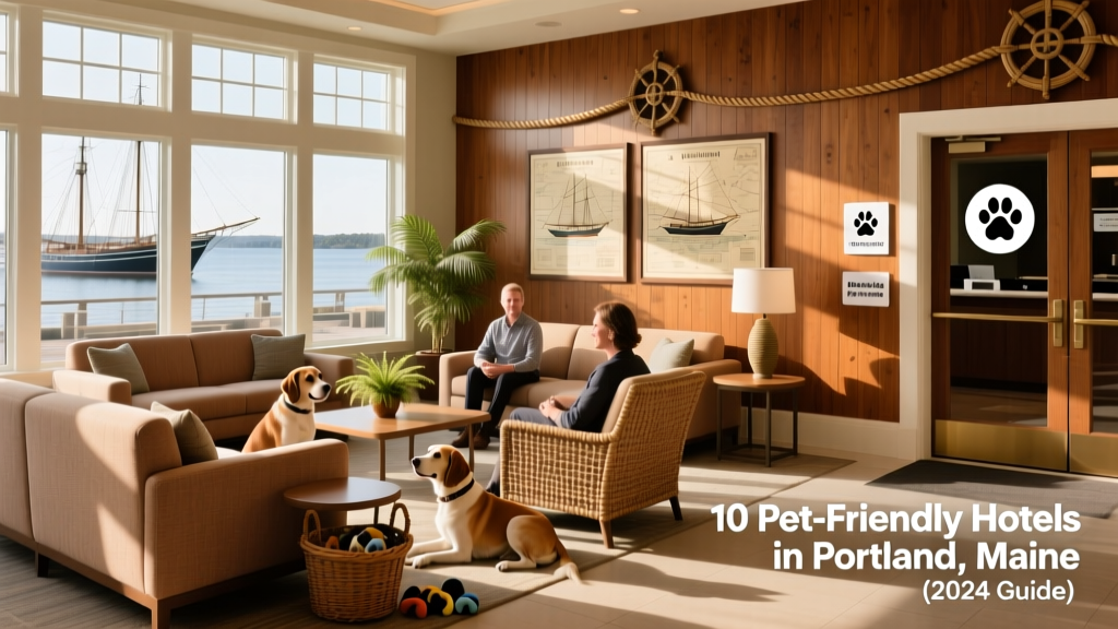 Lobby area of Portland Harbor Hotel featuring comfortable seating, natural light, and subtle pet-friendly signage