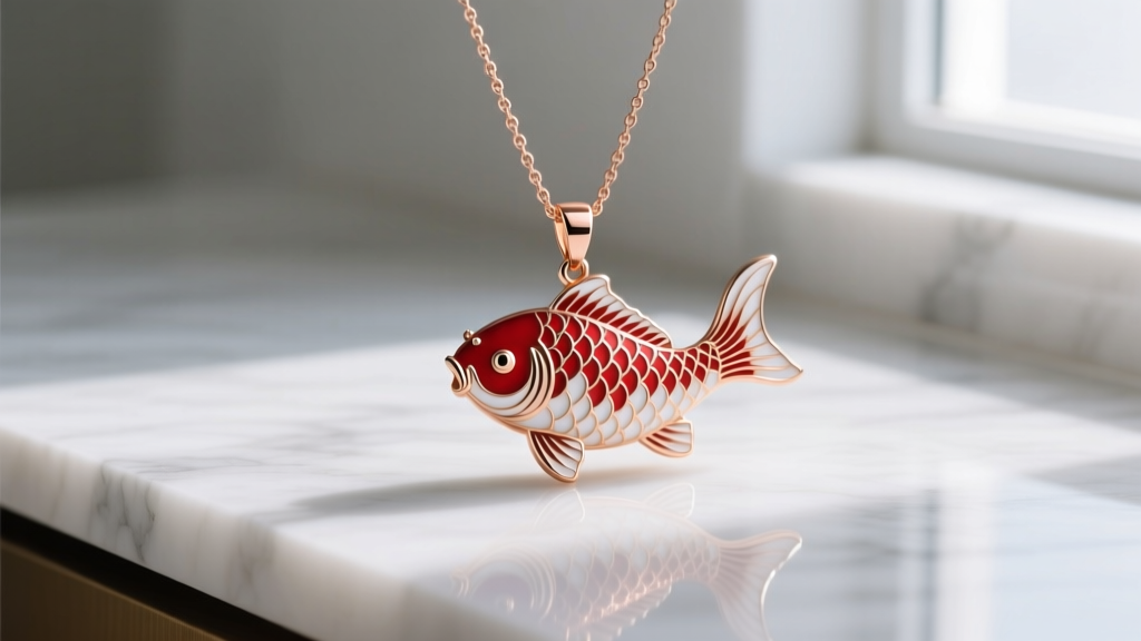 Japanese koi fish necklace pendant crafted in rose gold with vibrant red and white guilloché enamel photographed on a marble vanity