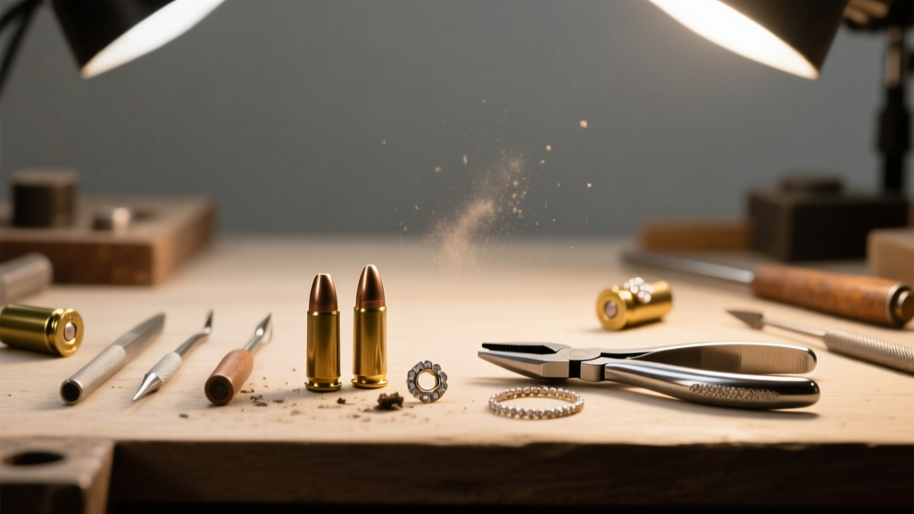 Workbench showing spent primer removal tools, inert bullet casings, and jewelry pliers under warm, focused task lighting.