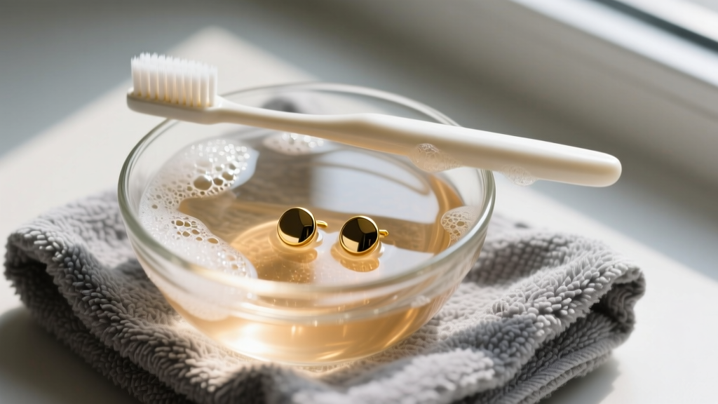 Overhead view of a glass bowl with warm soapy water, a soft toothbrush, and gold stud earrings resting on a grey microfiber towel.