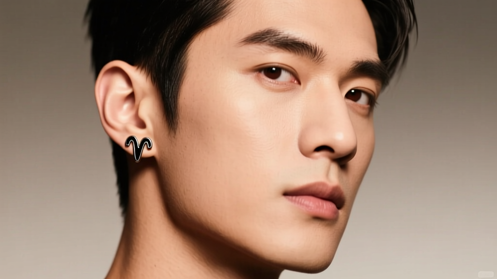 Portrait of a masculine model wearing a black enamel lambda symbol stud in the left ear lobe, illuminated by soft studio lighting