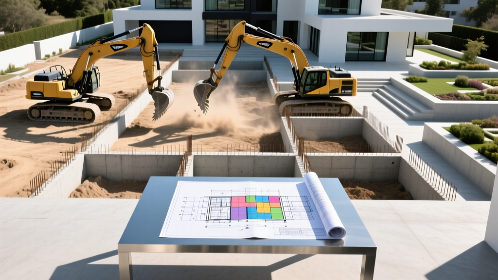 Aerial view of a modern luxury mansion construction site with excavators, concrete foundations, and architectural blueprints on a table