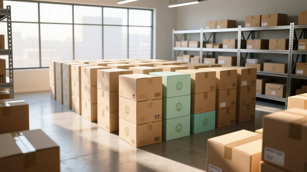 Organized shipping boxes and eco-friendly mailers stacked in a bright boutique stockroom, ready for worldwide jewelry distribution