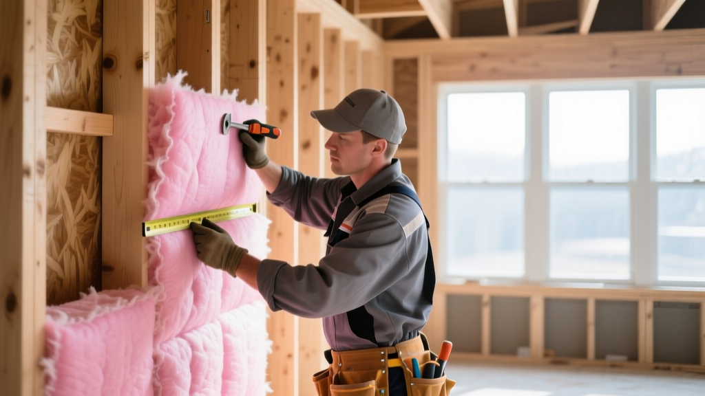 Contractor hands measuring and cutting pink fiberglass batt insulation between exposed wooden wall studs in new residential framing.