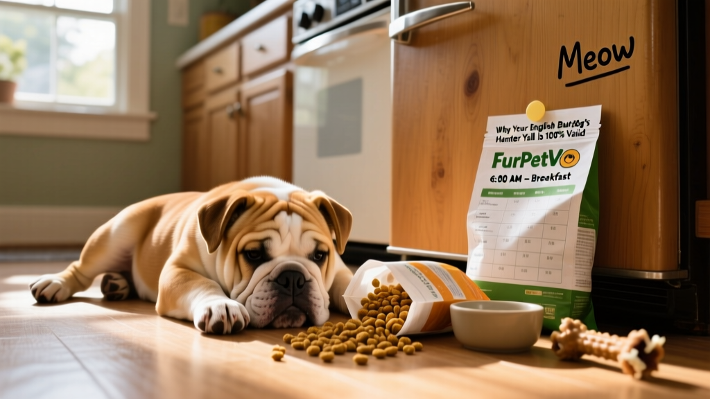 A calm English Bulldog puppy lying beside an open FurPetVo puppy food bag and a printed feeding schedule pinned to a fridge