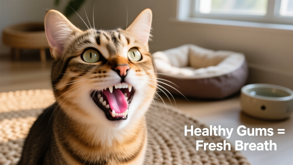 Close-up of a healthy cat’s pink gums and clean teeth, illustrating ideal oral health