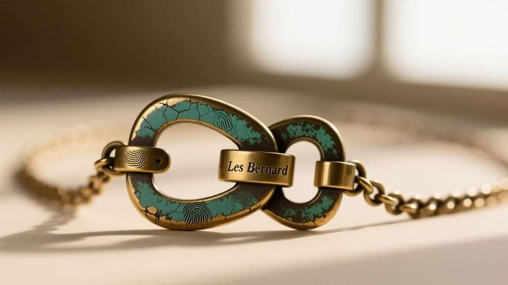 Macro shot of a vintage fold-over clasp on a Les Bernard necklace, showing natural patina and slight wear on the hinge mechanism.