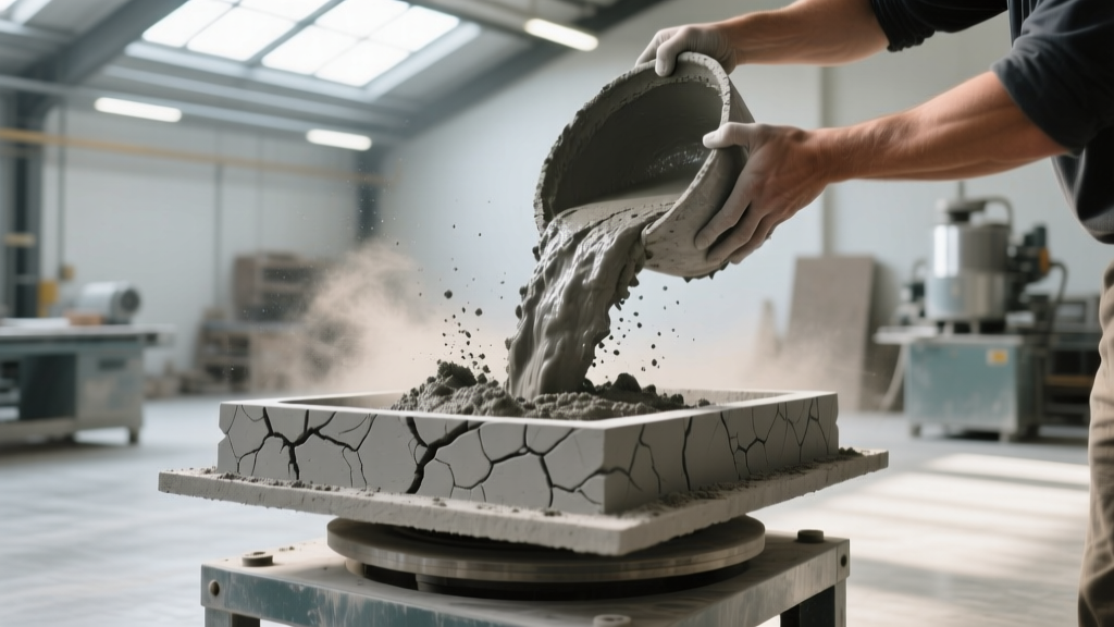 Hands pouring gray concrete mix into a textured polyurethane stone veneer mold on a vibrating table in a bright workshop
