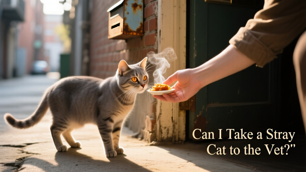 A gentle hand offering food to a cautious but approachable stray cat near a doorway