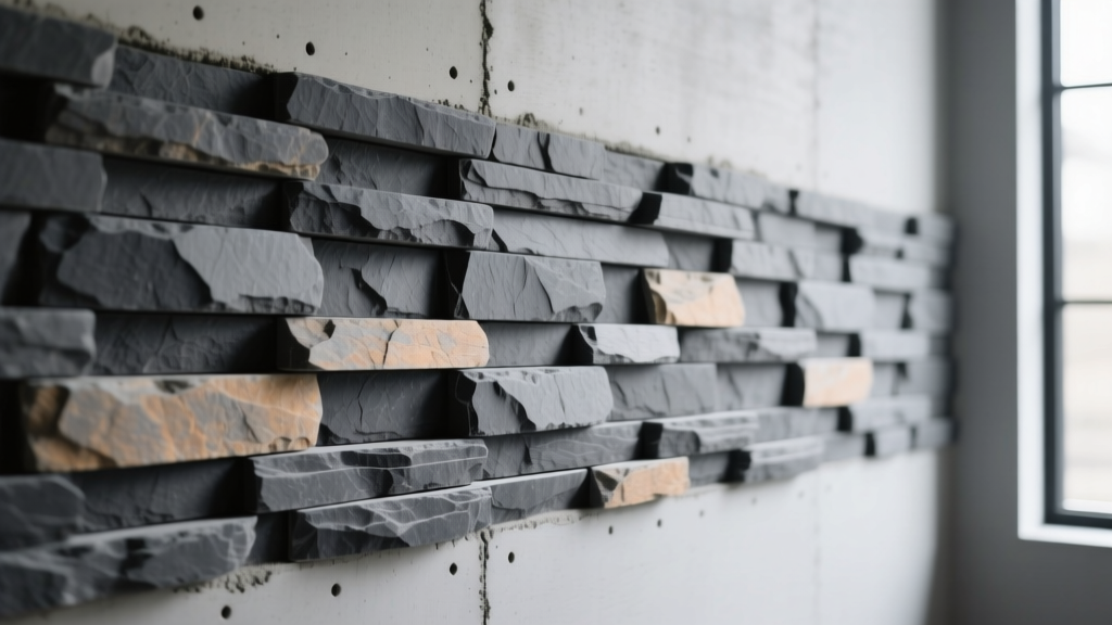 Charcoal gray dry stack stone veneer panels fitted tightly on a cement board substrate with zero visible mortar joints