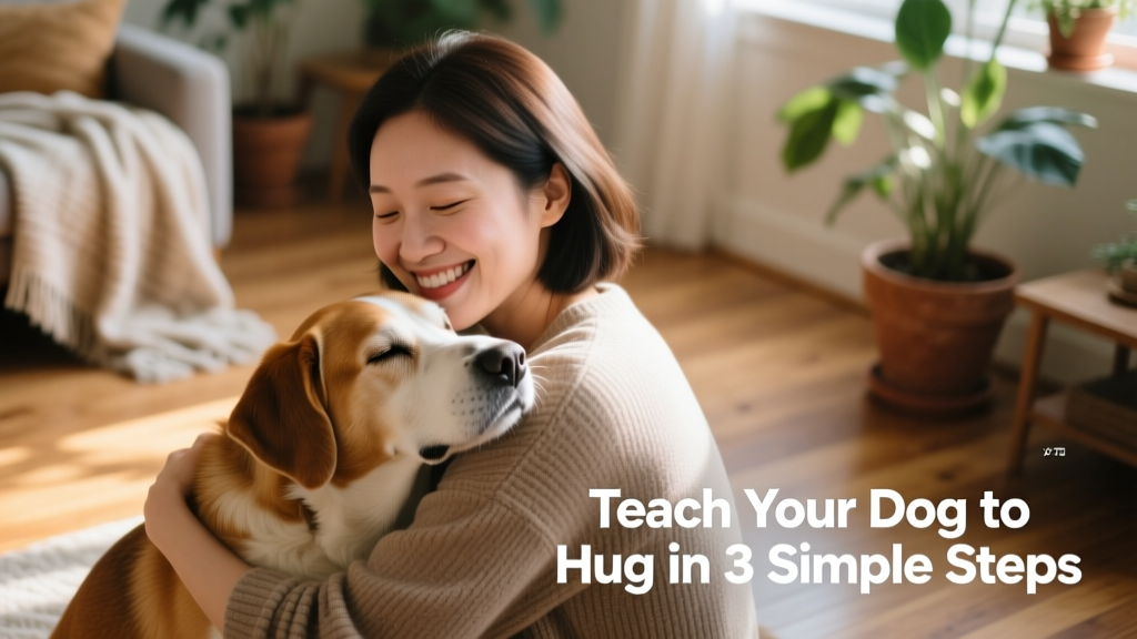 Smiling owner hugging their dog from the side while dog rests head gently on owner's shoulder, both looking relaxed and connected
