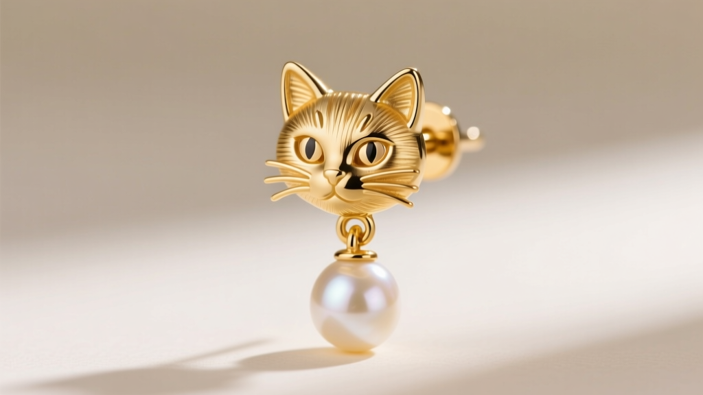 Macro shot of a 14k gold cat face stud earring with a 7mm freshwater pearl drop, highlighting the wire connection.