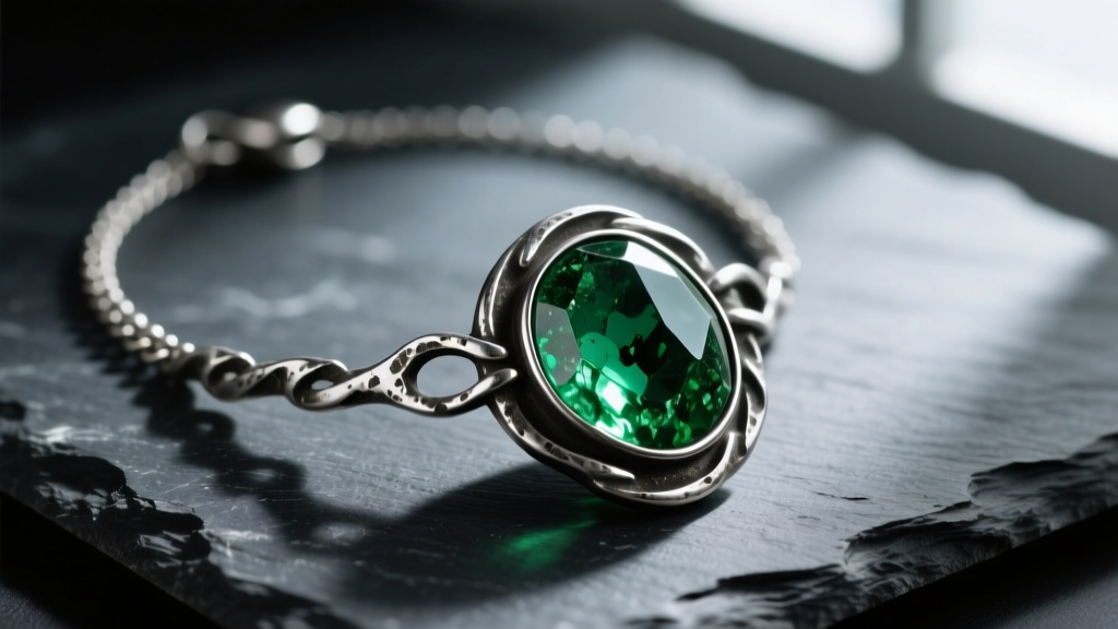Oxidized silver talisman necklace with raw moldavite in a thick bezel setting on dark slate under moody directional lighting.