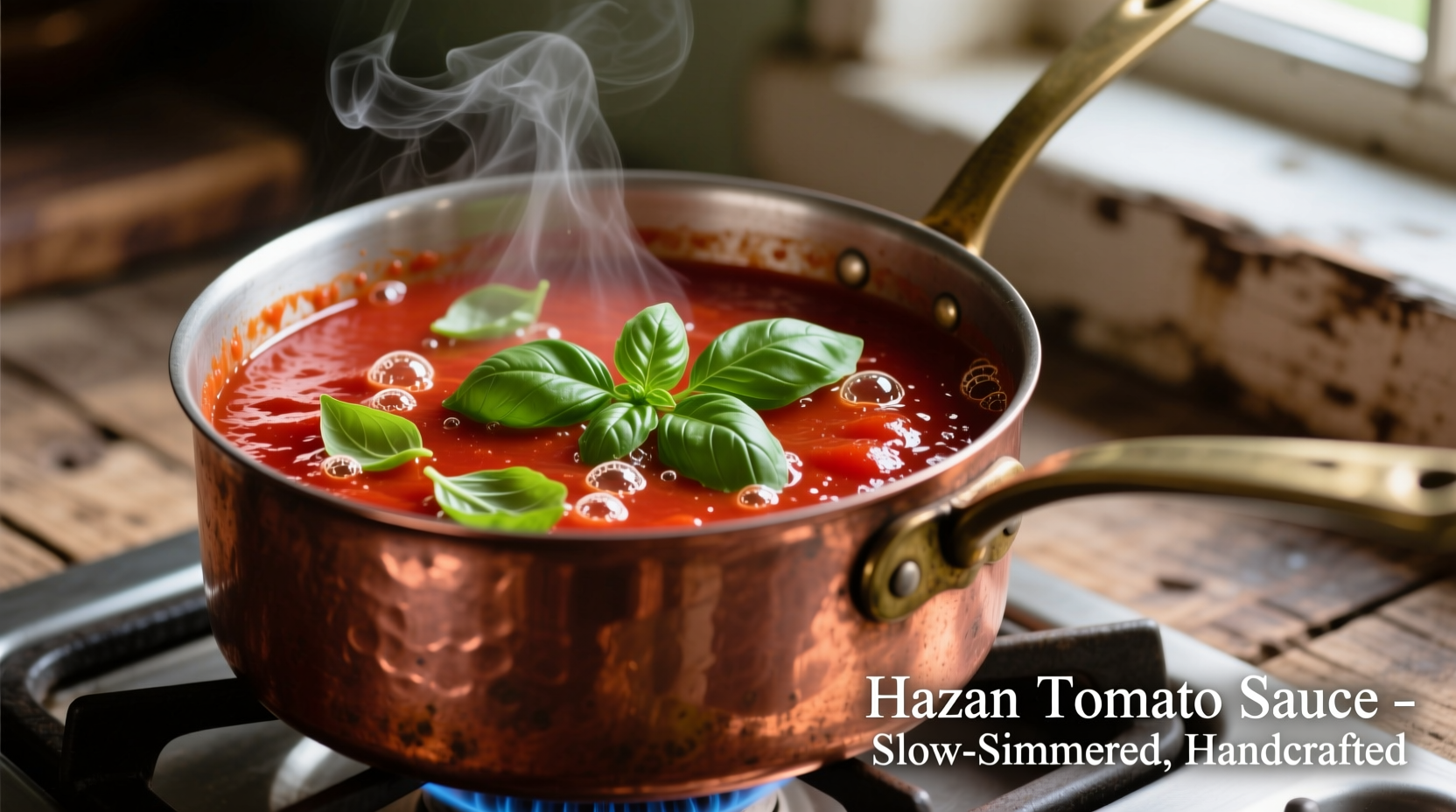Hazan tomato sauce simmering in copper pot with fresh basil