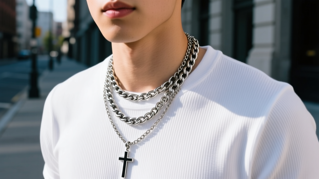 Street style close-up of a man layering a steel catholic necklace rosary with a thick Cuban chain over a white ribbed cotton tee