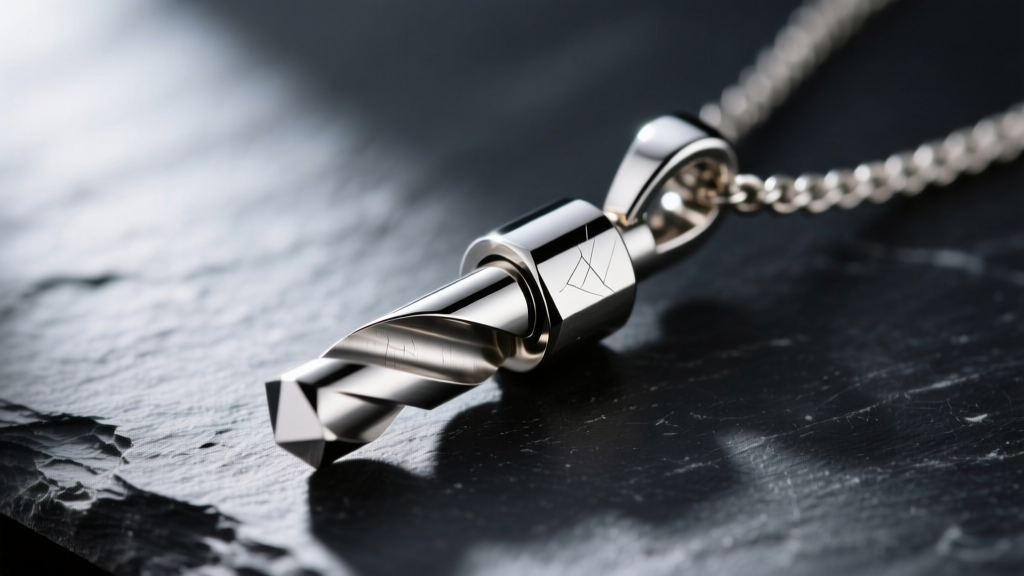 Close-up of a polished 316L stainless steel Gurren Lagann core drill pendant resting on dark slate, dramatic side lighting.