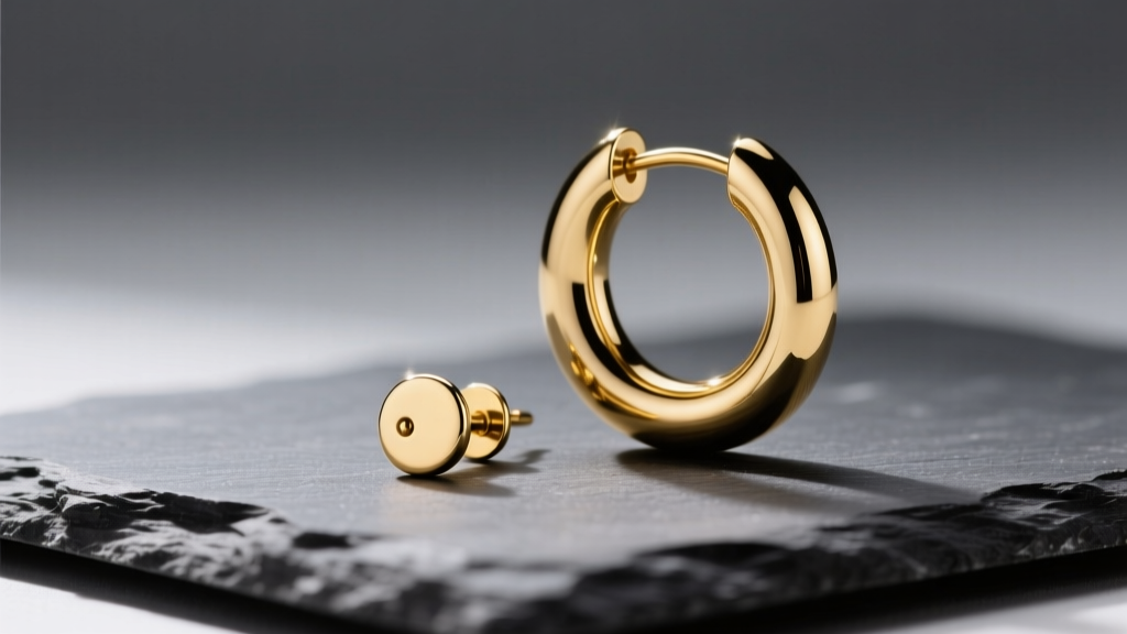 Gold-plated ASOS hoop and stud earrings on dark slate, lit by soft directional lighting to highlight the polished metallic finish.