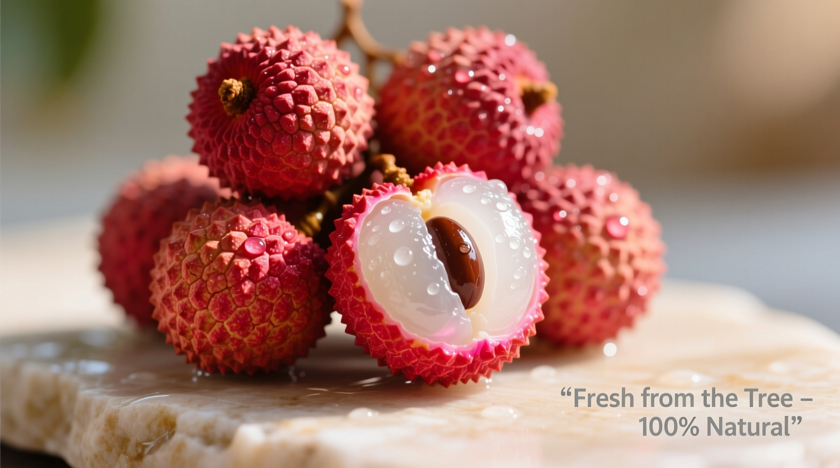 Fresh lychee fruits with vibrant red skin and translucent white flesh