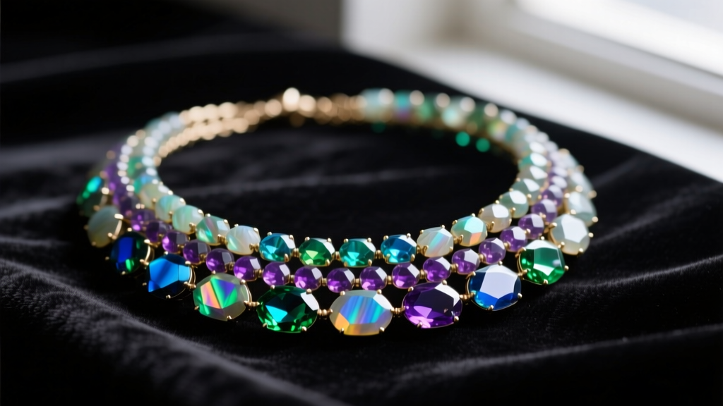 Close-up of a multi-strand rainbow stone necklace with iridescent labradorite and faceted topaz resting on dark velvet fabric.